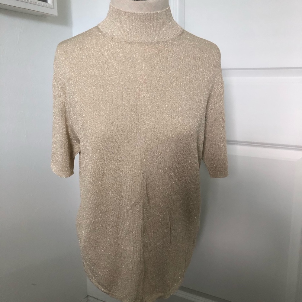August Silk Gold Sparkle Knit Turtleneck Short-Sleeve Sweater Top
